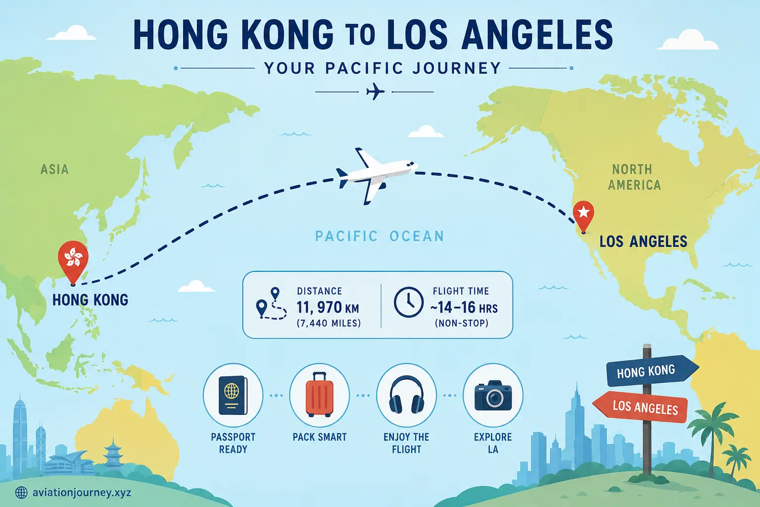 Stylized map showing the air route from Hong Kong to Los Angeles across the Pacific