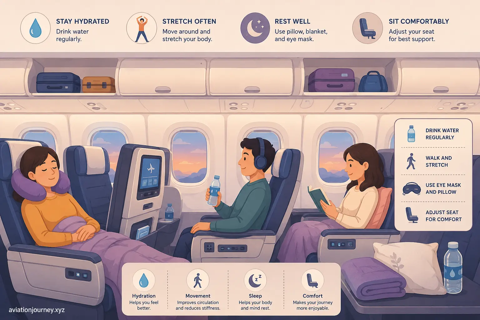 Stylized illustration of passengers relaxing inside a modern long-haul aircraft cabin